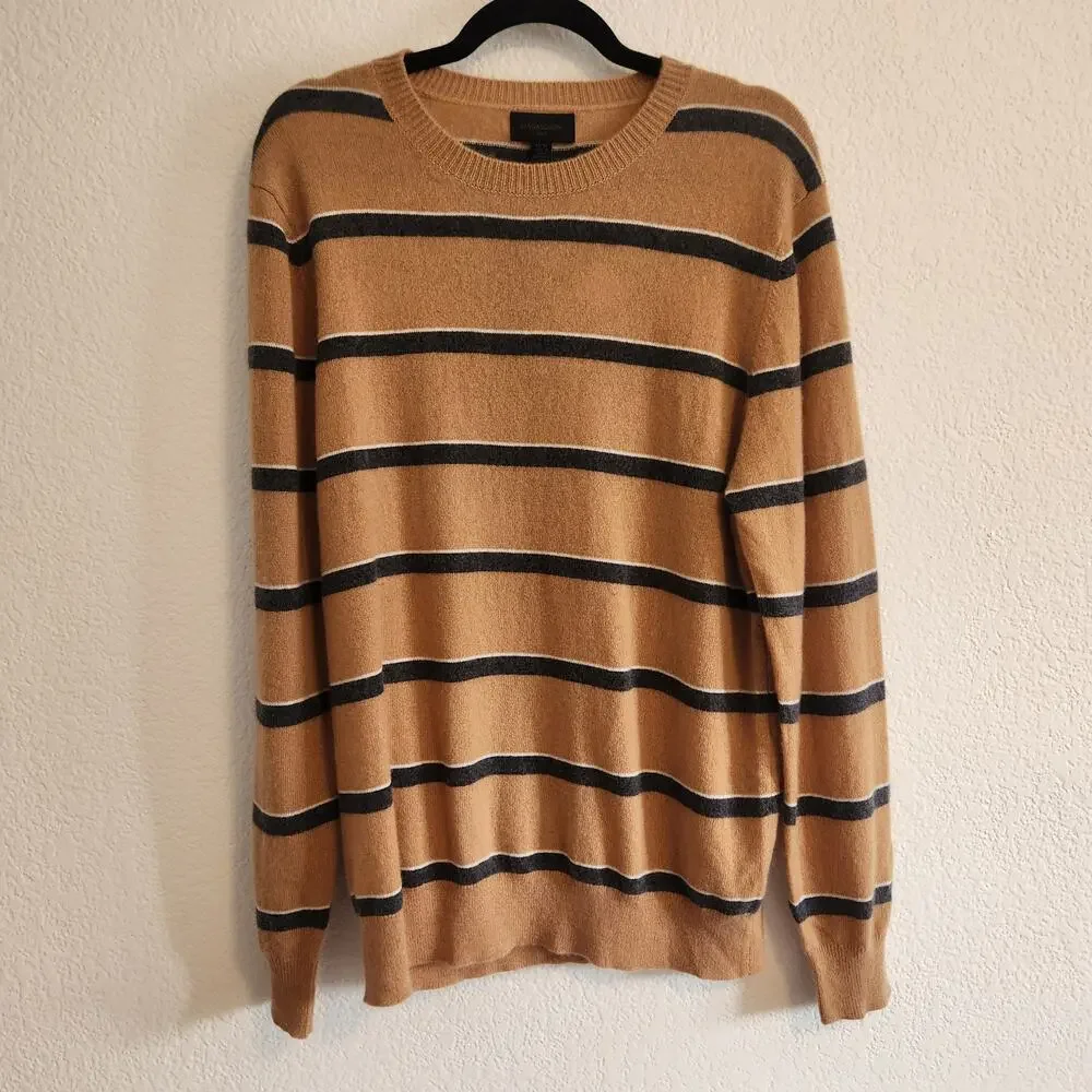 Magaschoni Man Men's Size Medium 100% Cashmere Tan/Navy‎ Striped Long Sleeve NWT